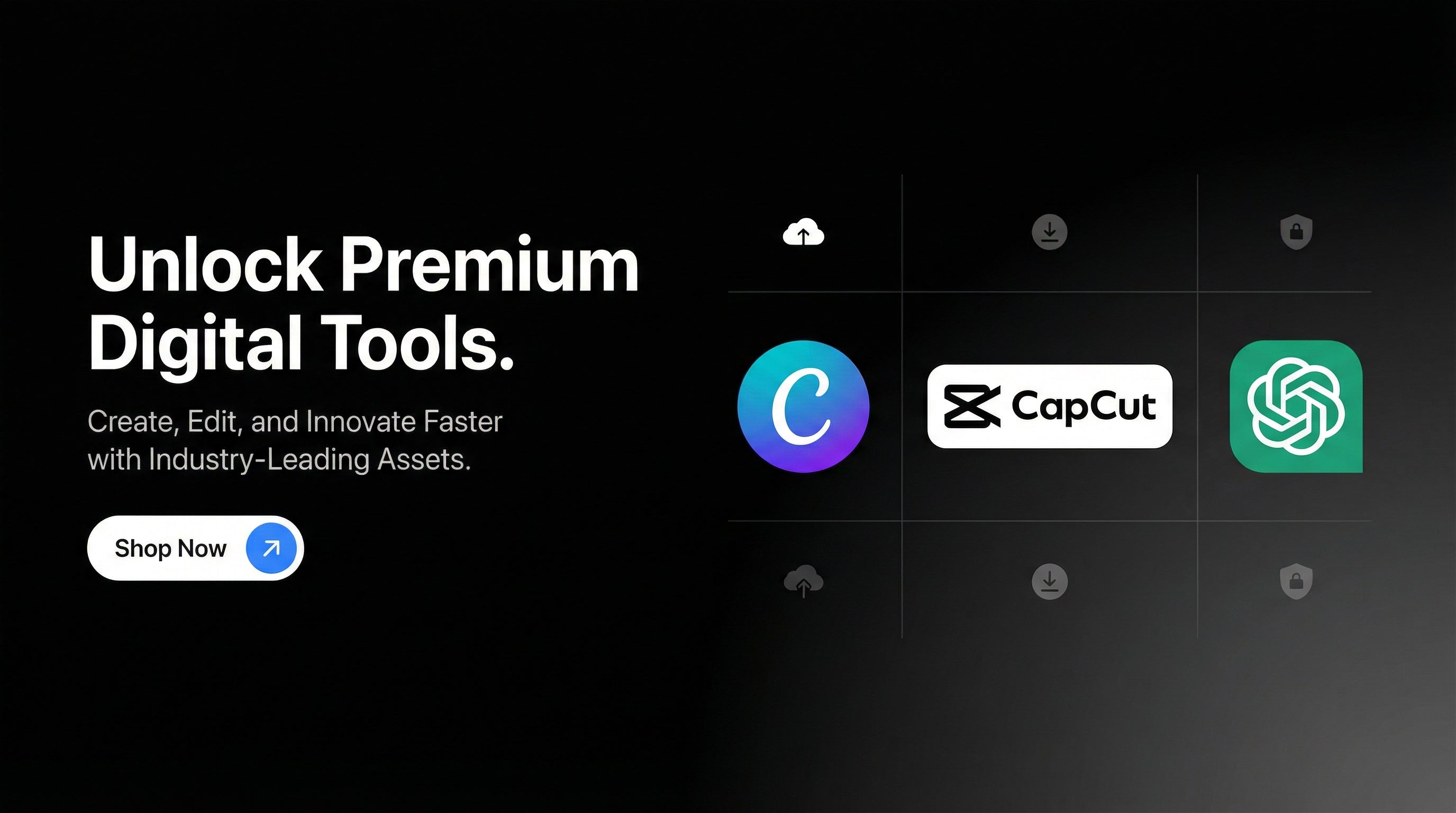 Promotional graphic for premium digital tools with app icons and 'Shop Now' button on a dark background1621243260e1af0c20-0